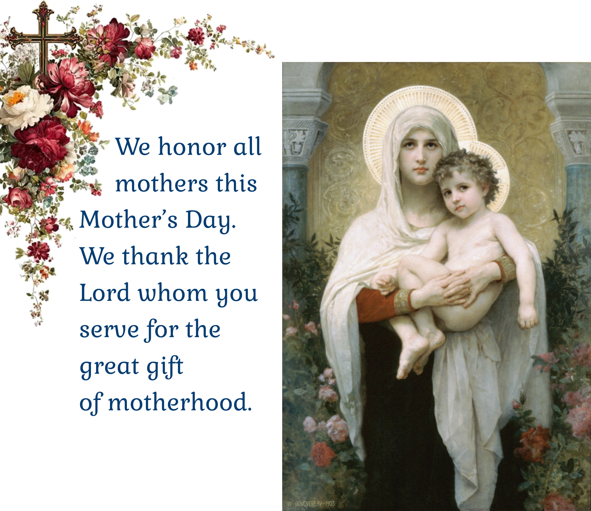 Religious Mother's Day graphic with a floral border, a cross, and blue text; beside a painting of Mary holding the child Jesus.