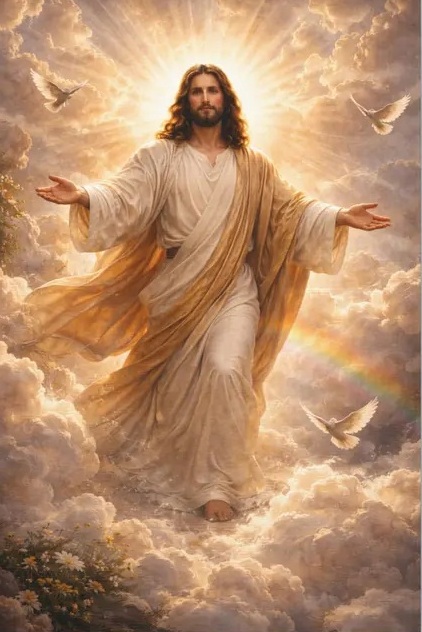 Jesus figure in white robes standing on clouds with a radiant halo and doves, symbolizing a heavenly ascent.