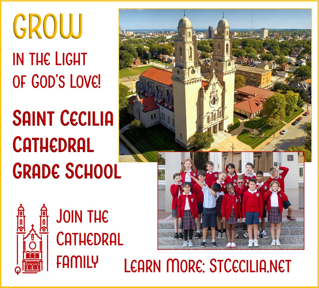 Poster advertising Saint Cecilia Cathedral Grade School with aerial cathedral photo, a group of smiling students, and 'Join the Cathedral Family' text. Learn more at stcecilia.net.