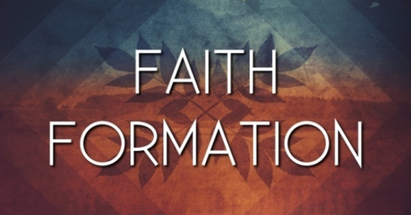Banner reading 'FAITH FORMATION' in white letters over a blue–orange geometric gradient background.
