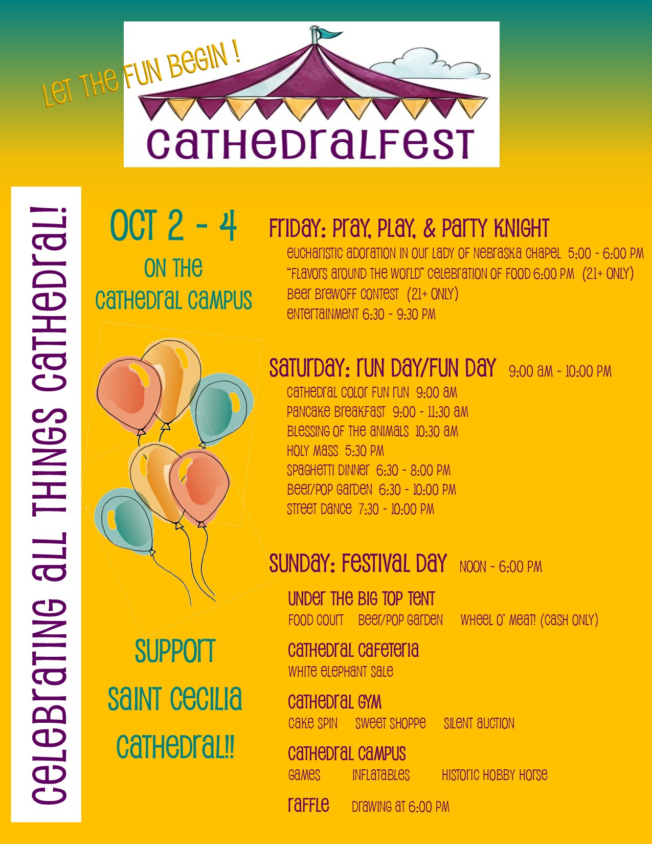 Poster for All Parish Day at St. Cecilia Cathedral in Omaha, Nebraska, with the cathedral towers and schedule: Mass 10:30 AM, tours 11:30, reception 12:30, Sunday Sept 13.
